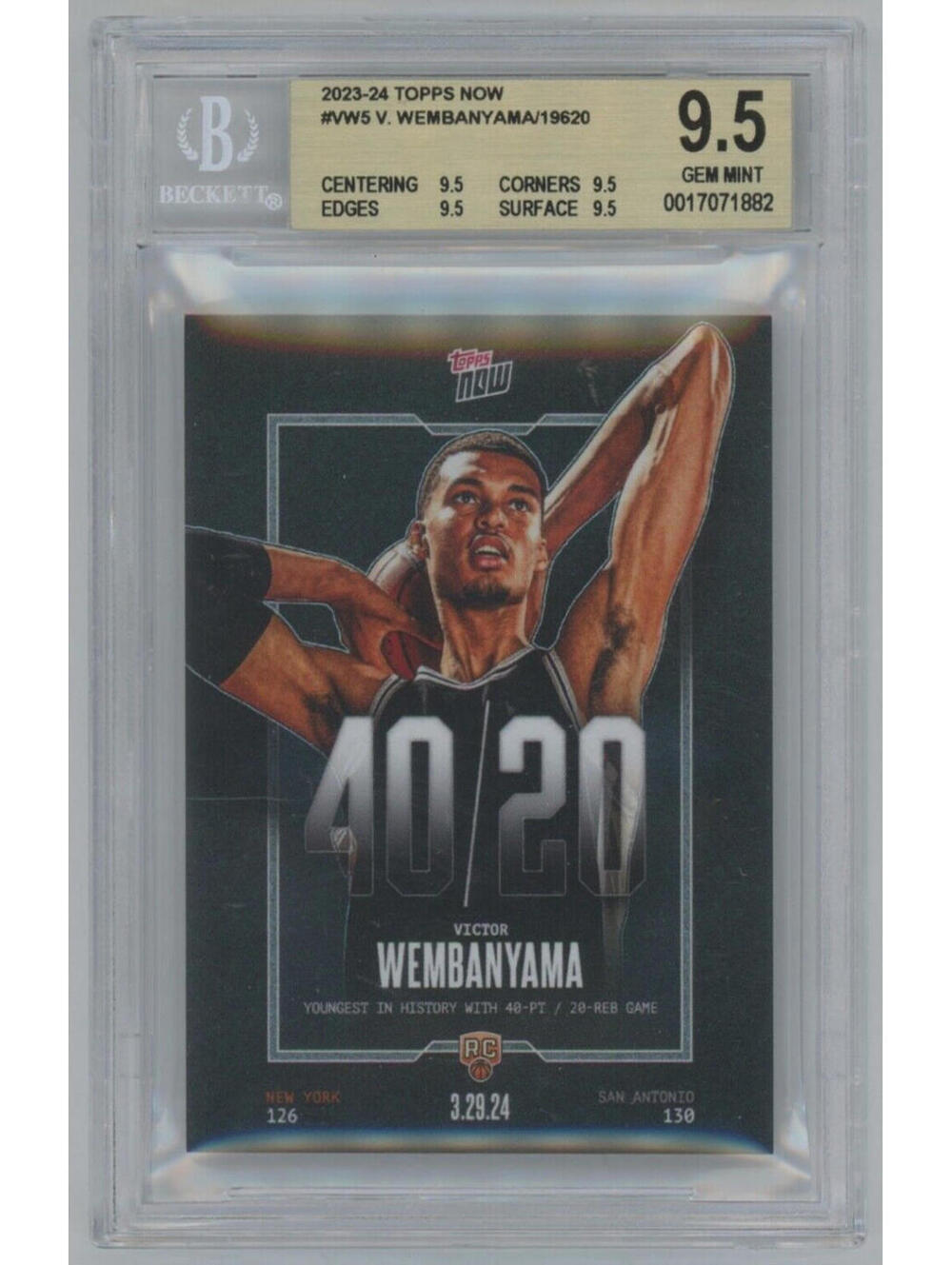 2023-24 Topps Now VW-5 Victor Wembanyama RC Youngest  40/20 BGS 9.5 Gem Mint